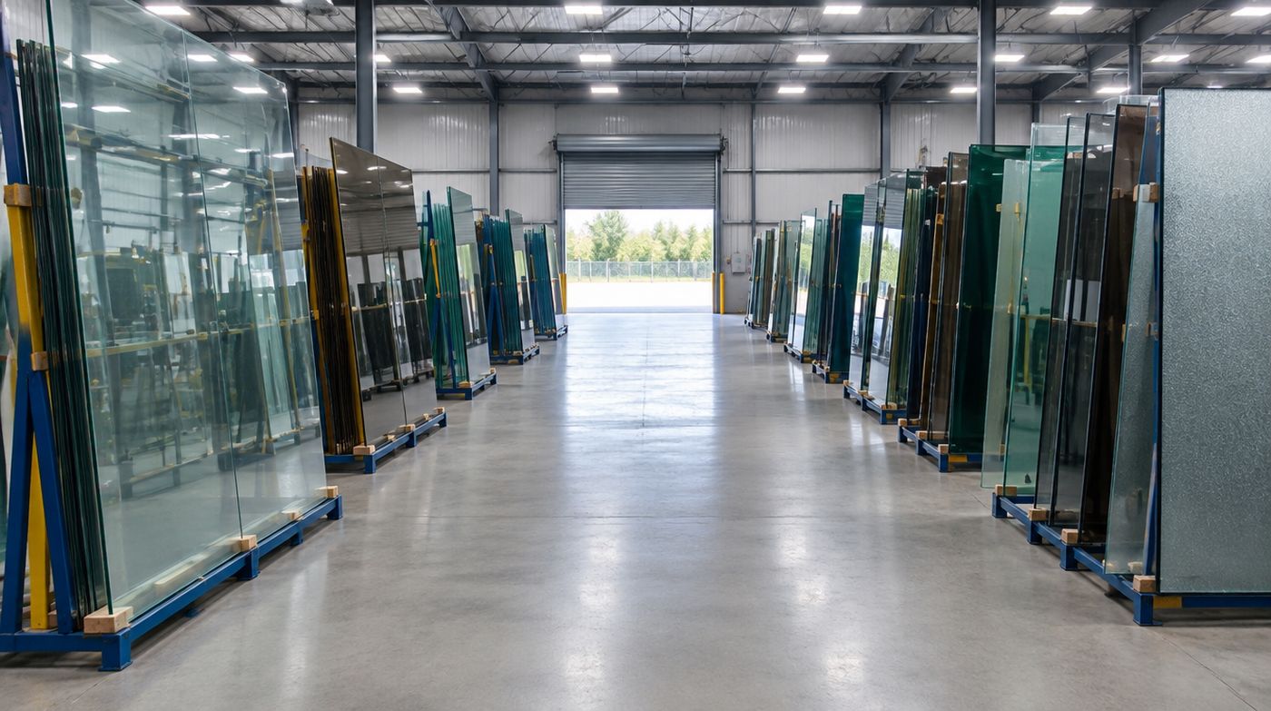 Rows of A-frame racks holding sheets of glass on edge in a trade warehouse