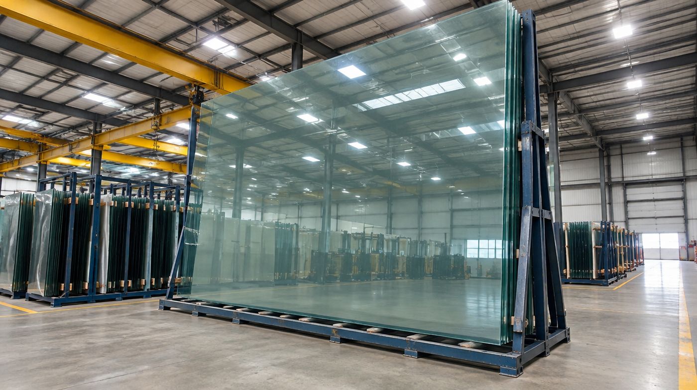 A jumbo sheet of float glass in a heavy steel A-frame, dwarfing the racks beside it