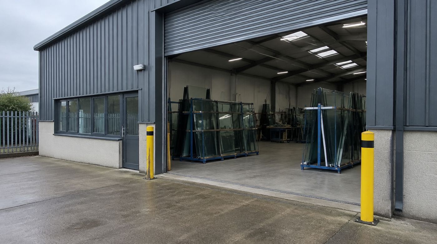 The open roller shutter of a glass workshop unit with racks visible inside and a loading area in front