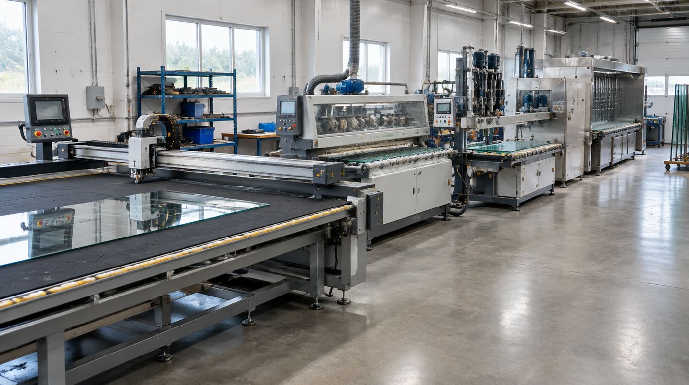 A row of glass processing machines down a workshop: cutting table, edge grinder, drill and washer