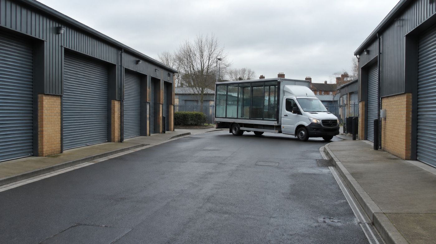 A light industrial estate road in north west London with a glass delivery van turning in