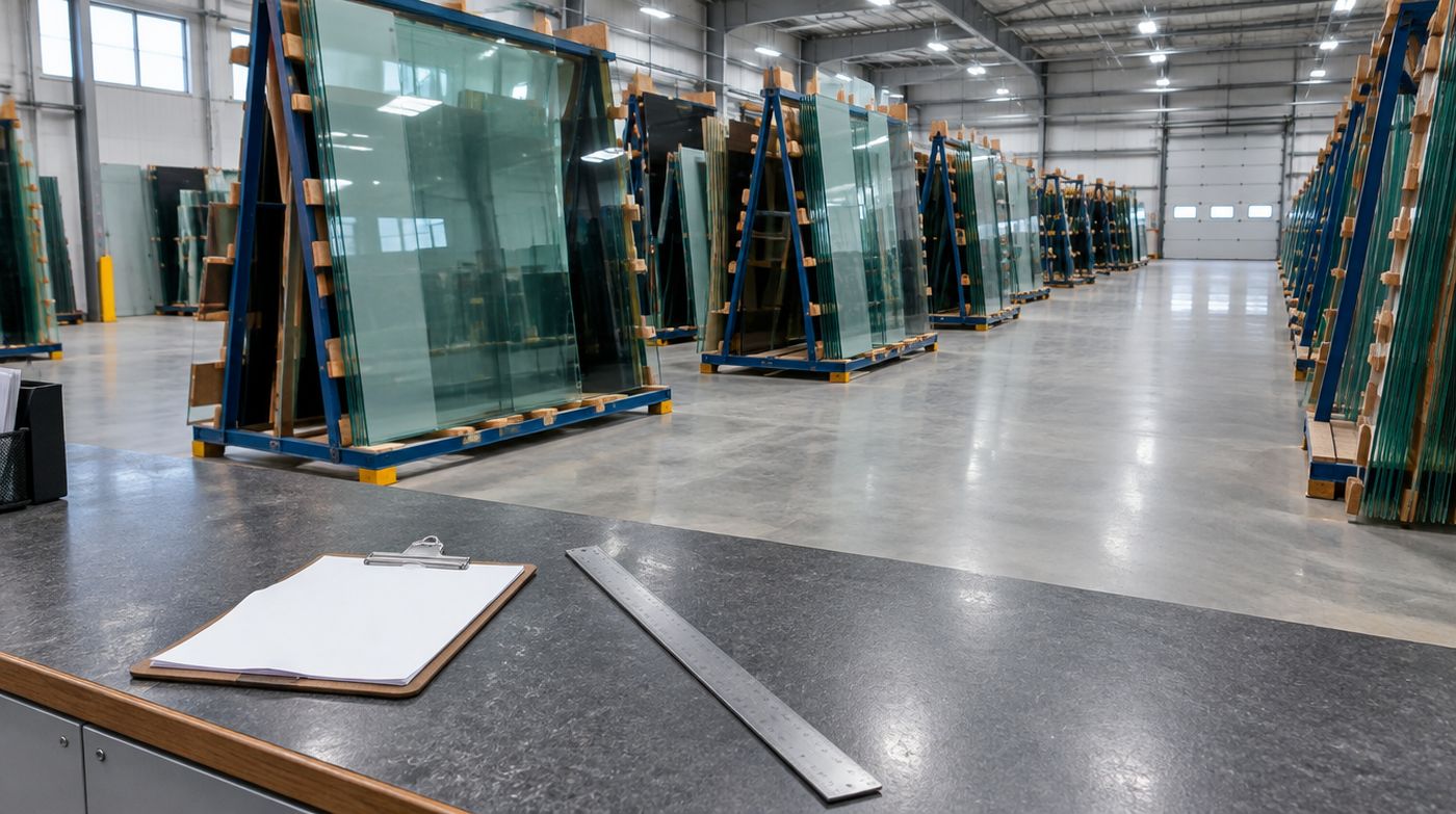 A glass trade counter with loaded A-frame racks stretching away into the warehouse behind