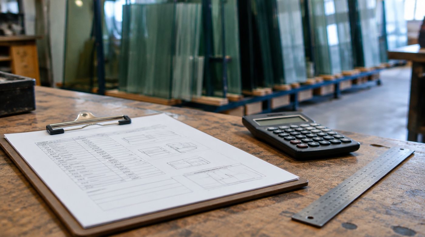 A cutting list on a clipboard with a calculator and steel rule, glass racks behind