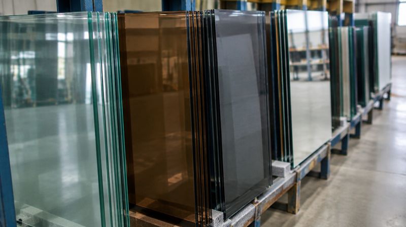 A storage rack holding clear, bronze, grey and mirrored glass side by side, their edges showing the different colours