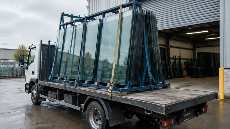Sheets of glass being loaded on edge into an external A-frame rack on a delivery vehicle