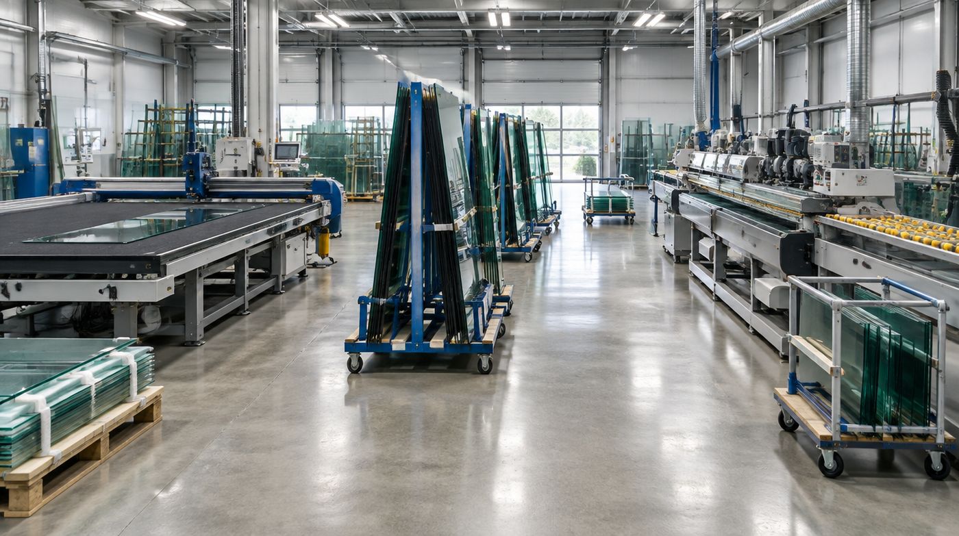 A glass processing workshop with a cutting table, an edge polishing line and racks between them