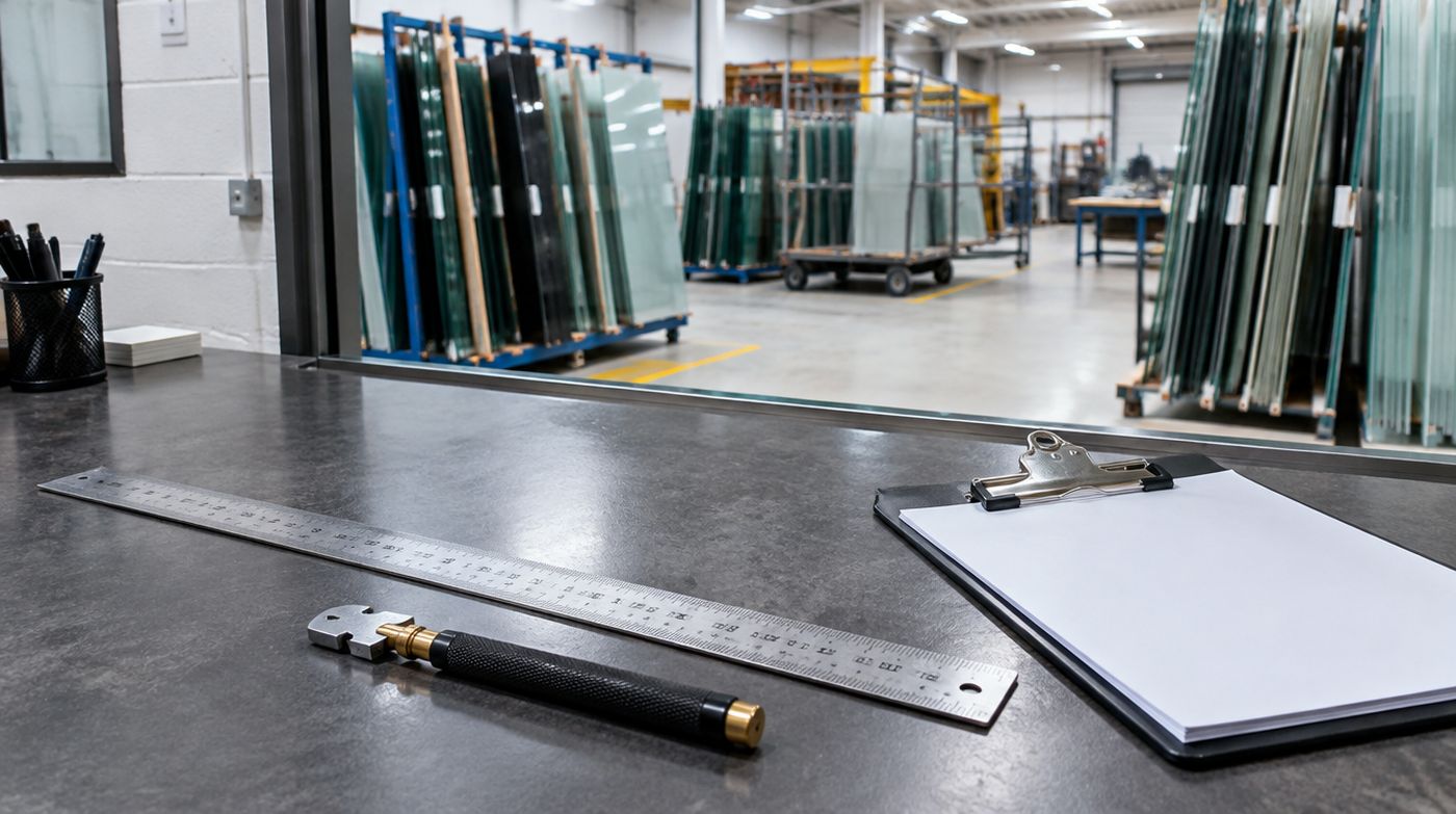 A workshop trade counter with a steel rule, cutting wheel and clipboard, racks of glass behind